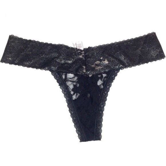 NWT VICTORIA'S SECRET BLACK/‎ SILVER METALLIC LACE WAIST TRIM THONG PANTY MEDIUM - Picture 1 of 6